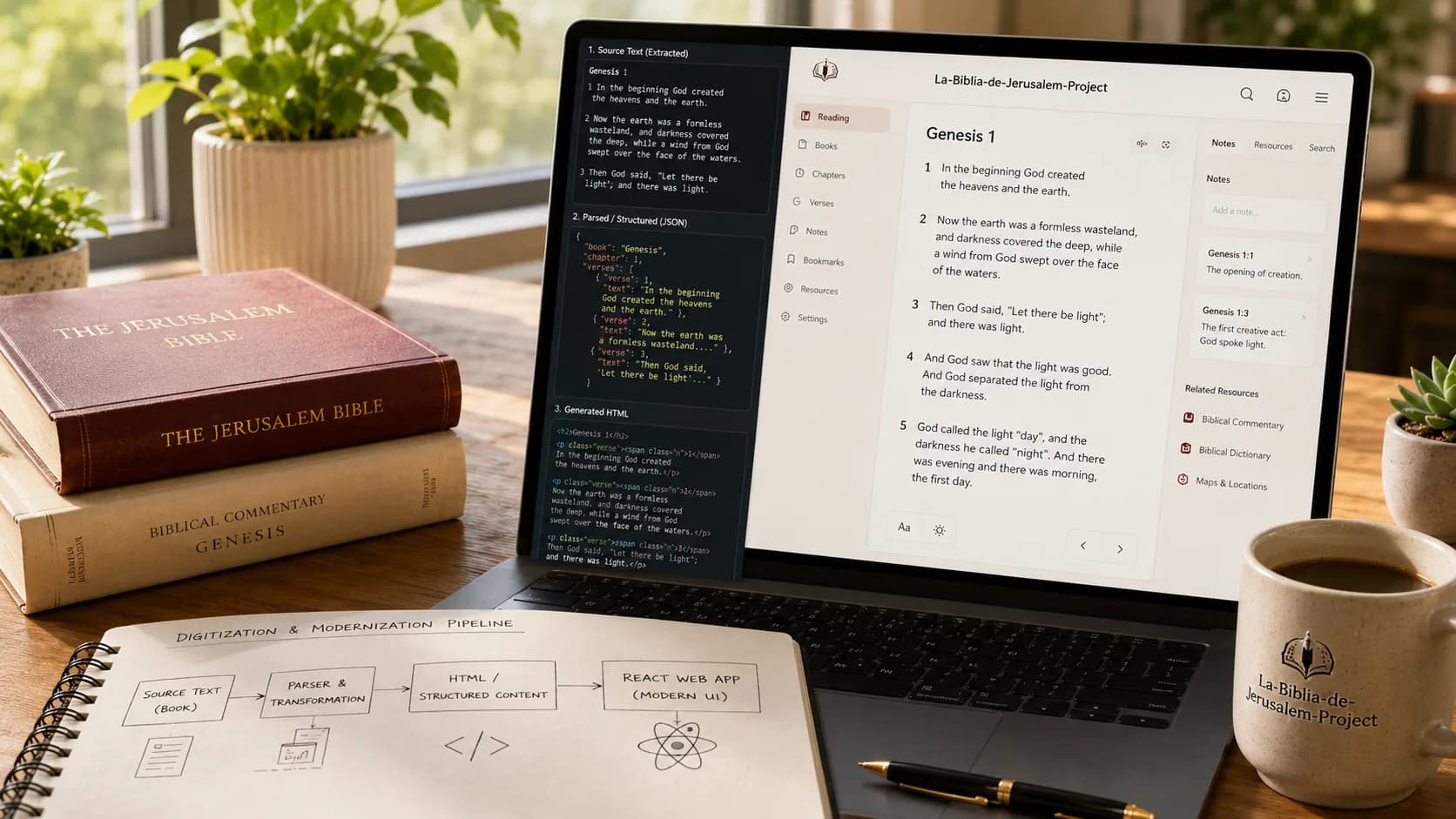 Bible source material transforming into a modern web reading app