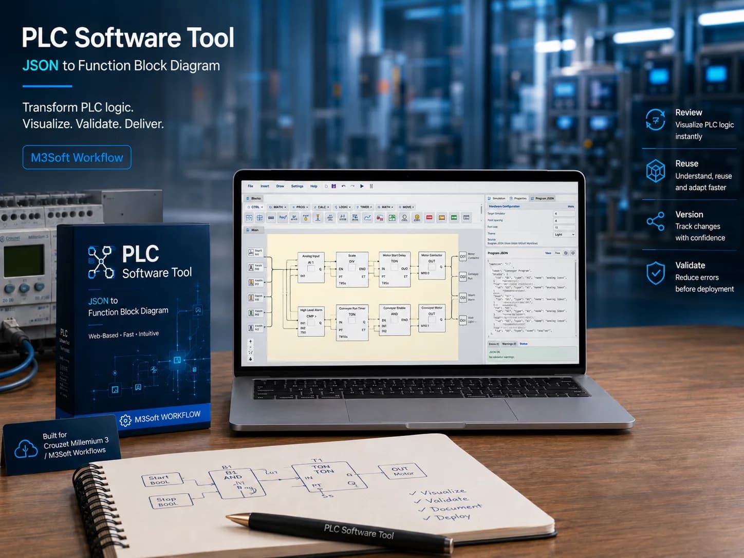 PLC Software Tool web app for JSON to Function Block Diagram workflows